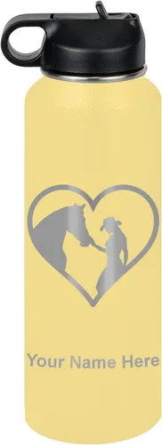 Vista 69 de LaserGram Botella de agua personalizada, corazón de vaquera de caballo, acero inoxidable de doble pared aislada al vacío con popote superior, regalo