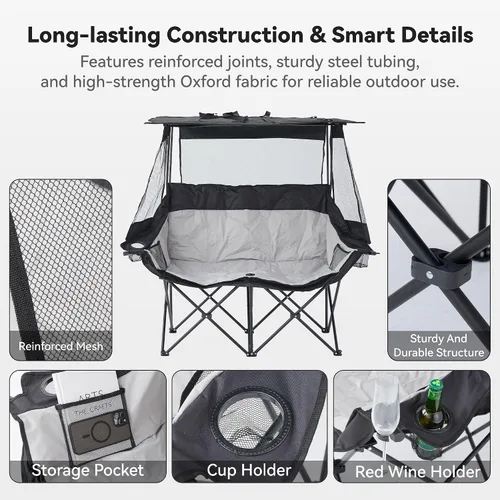 Vista 5 de Sillas de campamento dobles con toldo plegable, silla de playa resistente, de gran tamaño, silla de dos plazas acolchada para exteriores, para 2