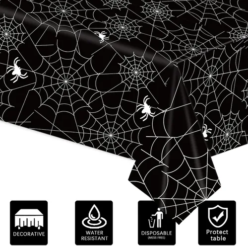 Vista 3 de Mantel de plástico de telaraña de Halloween de 3 piezas de 54 x 108 pulgadas - Telaraña negra y blanca con patrones de arañas, cubierta de mesa