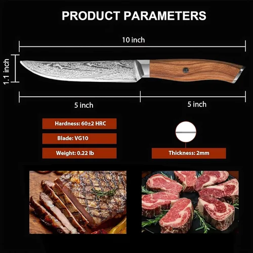 Vista 6 de Juego de 6 cuchillos para carne Damasco Premium no dentados con mango de madera de olivo natural, cuchillas de acero japonés de borde recto de 67
