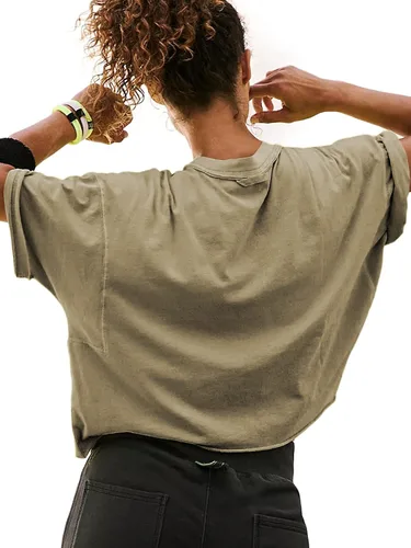 Vista 2 de Camisetas cortas de entrenamiento de gran tamaño para mujer, manga corta, cuello redondo, hombros caídos, cuadradas, de verano, casuales, lisas