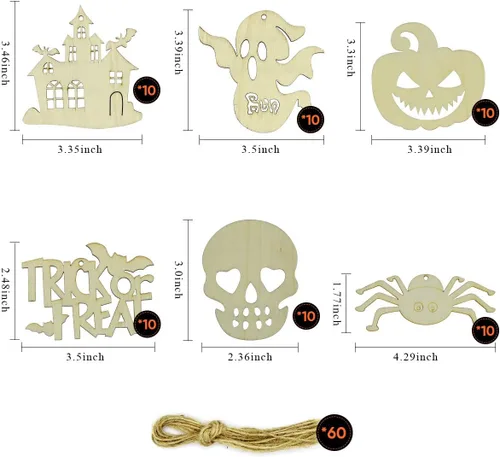 Vista 2 de Hidreas 60 piezas de adornos de madera sin terminar de Halloween, kit de manualidades de Halloween, recortes de madera con 60 cuerdas de cordel