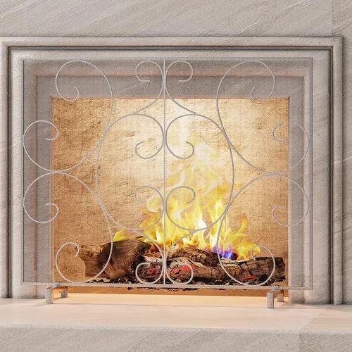 Vista 2 de Kingson Pantalla decorativa para chimenea de panel único independiente, cubierta artesanal de malla metálica duradera, protector contra chispas