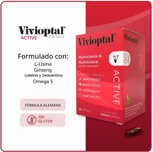 Vista 5 de Vivioptal Active, 90 cápsulas blandas, ginseng y omega 3, multivitamínico y multimineral, sin gluten, fórmula alemana
