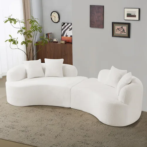 Vista 14 de Sofá biplaza curvado moderno de 67 pulgadas, sofá tapizado de terciopelo de peluche, cómodo sofá comprimido con 2 almohadas para espacios pequeños