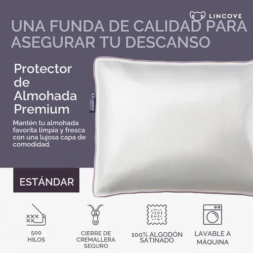 Vista 2 de Lincove Funda protectora de almohada de satén 100% algodón, funda de almohada con cremallera, 500 hilos, algodón de lujo, protector de almohada