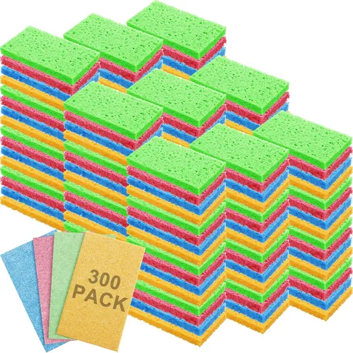 Vista 26 de Zhengmy 48 esponjas a granel, esponjas comprimidas de cocina, esponja natural para platos, limpieza de pulpa de madera comprimida sin rayar para Azul