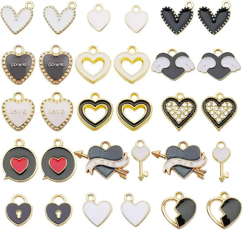 Vista 17 de WOCRAFT 24 dijes de pulsera de corazón de amor para hacer joyas, San Valentín, boda, rosa, flor, para bricolaje, collares, llaveros y suministros