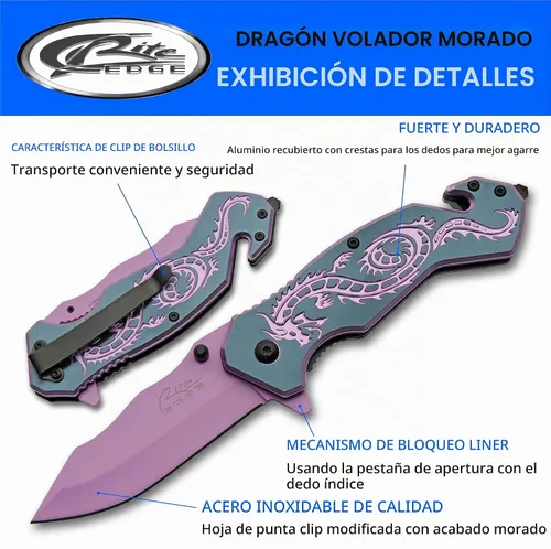 Vista 2 de SZCO Supplies 300586-PU Flying Dragon Assisted Open Rescue Utility Cuchillo plegable, morado, 7.75 pulgadas de longitud