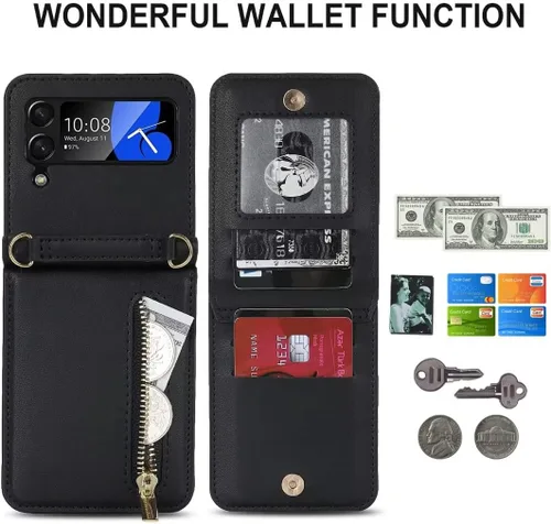 Vista 2 de Funda de lujo con cremallera para Samsung Galaxy Z Flip 3, con función atril, tarjetero ajustable, correa cruzada ajustable, funda con tapa a