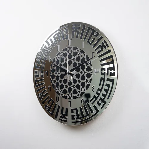 Vista 4 de Kufic - Reloj de caligrafía Kalima con números árabes, inglés, arte de pared islámico acrílico de madera, decoración de Ramadán, decoración de Eid