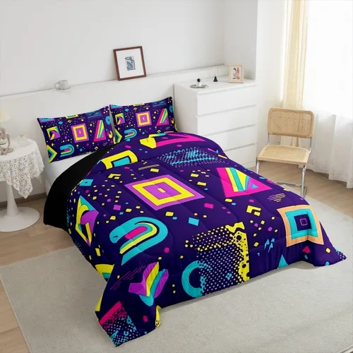 Vista 4 de Juego de edredón de estilo retro de los años 80, juego de ropa de cama de patrón geométrico abstracto, diseño urbano moderno con círculos