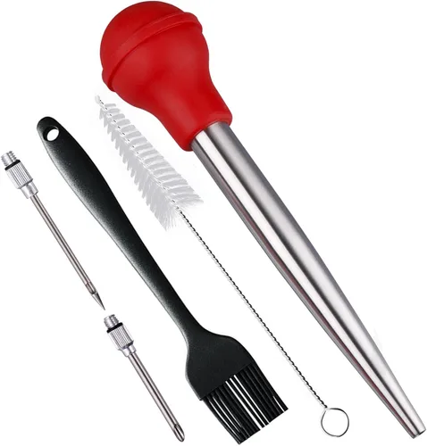 Vista 10 de Baster de Pavo, Baster de Pavo de Acero Inoxidable, Conjunto de Baster Inyector de Carne con Jeringa con 2 Agujas y 2 Cepillos de Limpieza