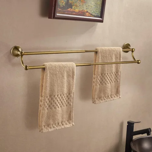 Vista 2 de Leyden Toallero de latón antiguo, soporte ajustable para toallas, doble retro, accesorios de baño, montaje en pared, estilo vintage