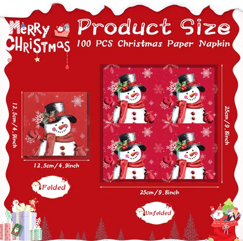Vista 2 de Faccito 100 servilletas de papel de muñeco de nieve de Navidad, servilletas de cóctel de copo de nieve de invierno, servilletas de bebidas rojas