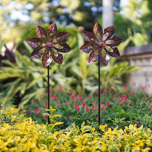 Vista 2 de VEWOGARDEN Paquete de 2 molinillos de viento para exteriores, metal con diseño de flores para decoración de patio, jardín, césped, bronce antiguo
