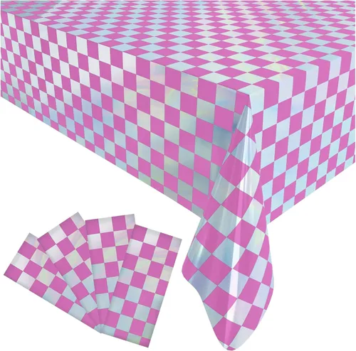 Vista 11 de Paquete de 4 manteles de plástico a cuadros desechables, manteles de papel de aluminio brillante para mesas rectangulares, decoraciones de fiesta
