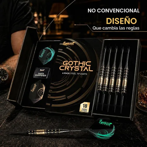 Vista 5 de Steel Tip Darts Set, Metal Tip 6 Pack, Knurled Brass Barrels, Darkborn Azul - Cristal Gótico
