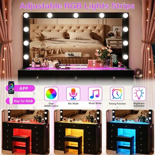 Vista 4 de CollaredEagle 45" Large Black Vanity Desk with Vibrant RGB Lighting.