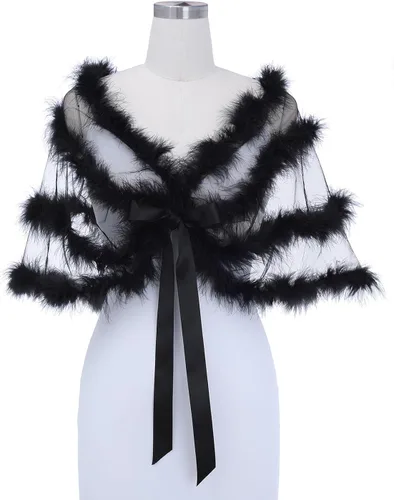 Vista 3 de Aukmla Chales de plumas para mujer, vestidos de boda y noche, bolero de tul para novia, bolero, de piel, para fiesta, graduación, salida de baño
