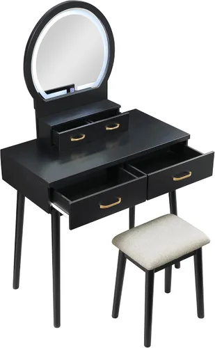 Vista 10 de Lexicon Tocador moderno con espejo, luces LED, 3 modos de iluminación, pequeño juego de tocador de maquillaje con 4 cajones y taburete acolchado