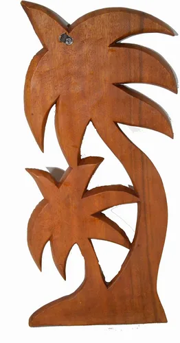 Vista 2 de WorldBazzar Juego de 2 hermosas palmeras de madera de caoba con cocos, arte de pared de isla tropical