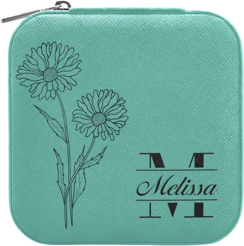 Vista 2 de Caja de joyería de viaje personalizada de flores verdes de piel sintética portátil personalizable organizador de viaje pequeño joyero para anillos