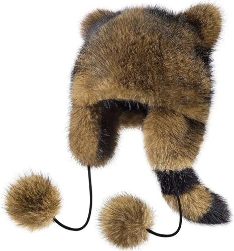 Vista 7 de Shyyween Sombrero de mapache con cola, gorra de piel de coco Marrón claro