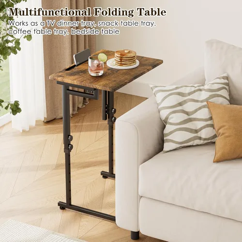 Vista 4 de Adjustable Folding TV Tray Table,TV Dinner Small Foldable C-Shaped End Table for Eating,6 Height Adjustable Slide Under Couch Side with Sturdy MDF