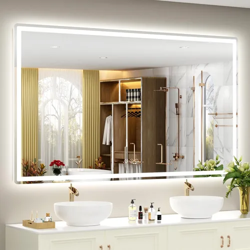 Vista 17 de SMIROR Espejo de baño LED con luces de 22" x 30", espejo de tocador rectangular redondeado iluminado para pared, iluminado frontal y retroiluminado