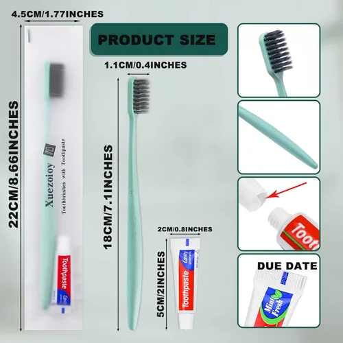 Vista 4 de Cepillos de dientes desechables con pasta de dientes, paquete de 30 cepillos de dientes de viaje desechables verdes envueltos individualmente kit al