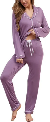 Vista 10 de Juego de pijama con botones para mujer, de manga larga, ropa de dormir suave, conjunto de ropa de descanso, tallas XS-XXL bean paste