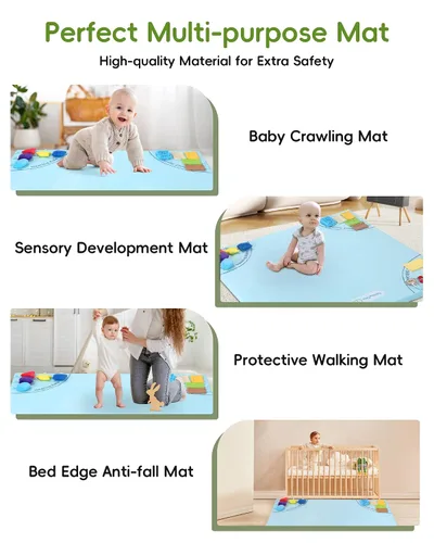 Vista 4 de Alfombra de juego para bebé, alfombrillas únicas para gatear con 4 zonas de desarrollo sensorial para habilidades motoras, alfombrillas de 50 x 50