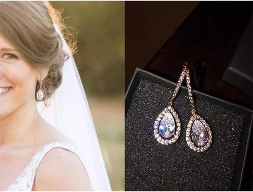Vista 2 de SWEETV Pendientes de boda de lágrima para novias, damas de honor, aretes colgantes de circonita cúbica para graduación, fiesta, ocasión formal