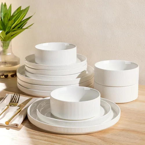 Vista 59 de TheTerra Juego de vajilla de cerámica para 4, juego de 12 platos y cuencos ligeros de porcelana, resistente a los arañazos, apto para horno
