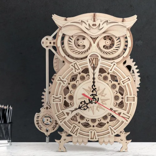 Vista 6 de ROKR Rompecabezas de madera 3D para adultos, kits de reloj mecánico, reloj de búho, kits de construcción de modelos de bricolaje, rompecabezas