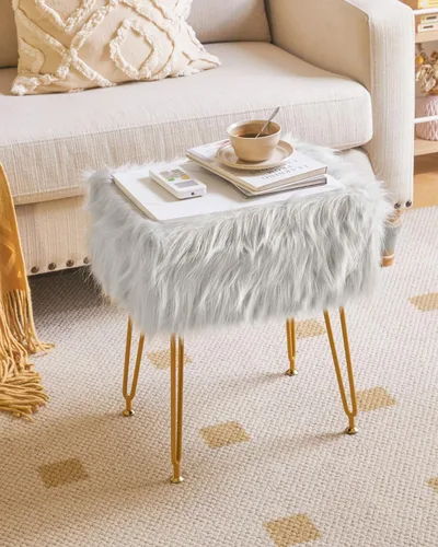 Vista 6 de IBUYKE Taburete rectangular de piel sintética para tocador con almacenamiento, otomana de silla de maquillaje peluda, asiento acolchado suave