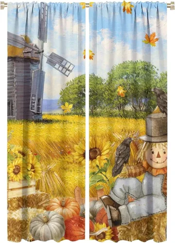 Vista 35 de Divertidas cortinas opacas de calabaza y espantapájaros para sala de estar, rústicas de otoño, hojas de arce, girasol, cosecha de otoño, puesta