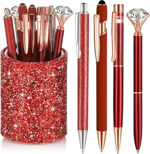 Vista 10 de Sabary 8 bolígrafos negros con soporte para bolígrafo para escritorio, con purpurina, diamantes de cristal, bonito soporte para lápices, organizador