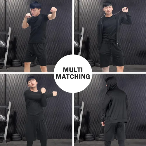 Vista 5 de JULY'S SONG Conjunto de entrenamiento de compresión para hombre, 5 piezas, secado rápido, pantalones cortos, mallas, chaqueta para gimnasio