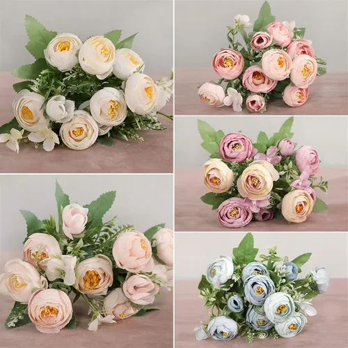 Vista 7 de Flores artificiales, 1 ramo de 12 cabezas, peonía artificial, té de rosas, flores de seda de camelia para bricolaje, hogar, jardín, decoración