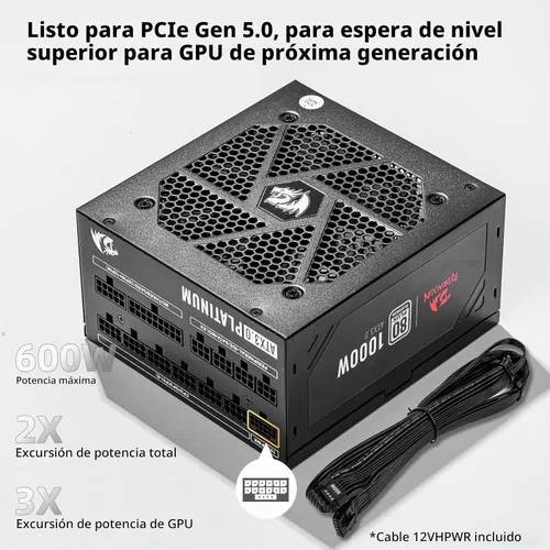 Vista 4 de Redragon PSU017 80+ Platinum 1000 vatios ATX 3.0 y PCIe 5.0 Fuente de alimentación para juegos totalmente modular, certificada 80 Plus, 100%