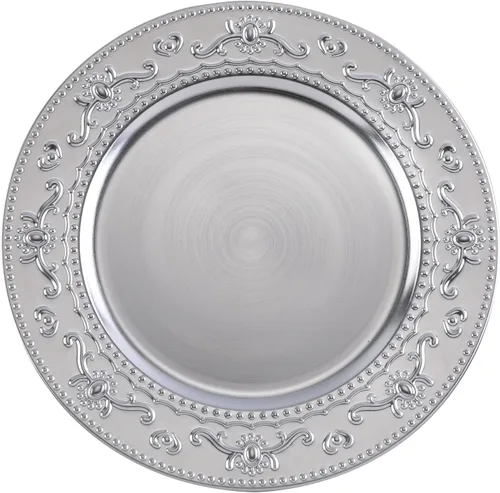 Vista 8 de Platos de carga de 13" de aluminio rosa, juego de 6 platos elegantes con relieve de encaje, platos de servidor redondos para plato de cena, juego