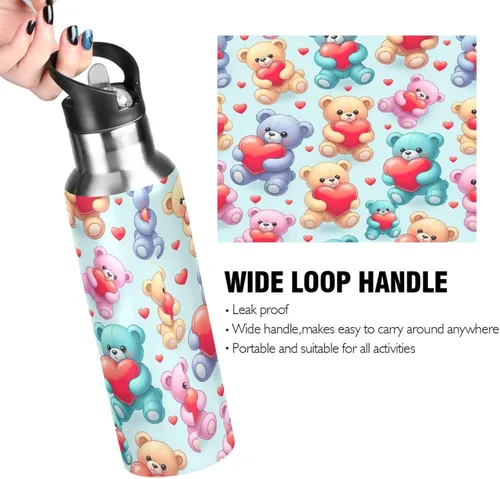 Vista 4 de Insulated Water Bottle 32 Oz, BPA-Free Sports Water Bottle with Straw for Gym Outdoor Travel School, Cute Bears Red Hearts