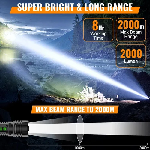 Vista 3 de Hoxida Linternas de Camping Recargables de Altos Lúmenes - 2000 Metros de Haz Largo, Súper Brillante, Linterna LED, Impermeable, Luces de Tienda