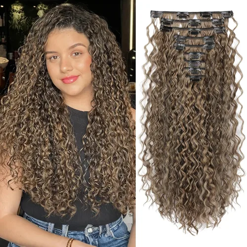 Vista 21 de LONAI Extensión de Cabello, 9 piezas, 56 cm de largo, castaño, extensiones de cabello rizadas con pinza, LN002, extensiones de cabello sintético