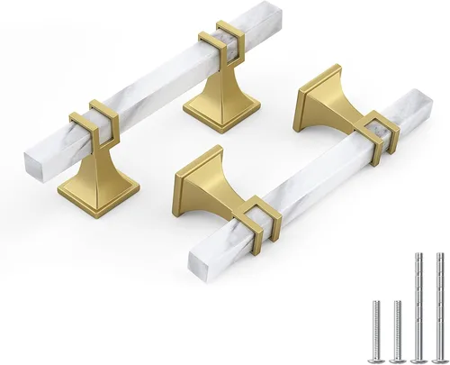 Vista 9 de Haliwu Paquete de 5 tiradores de gabinete con barra en T negra y dorada de 3 pulgadas, tiradores de puerta para armarios de cocina, manijas de zinc