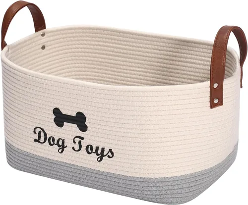 Vista 8 de Geyecete Cesta cuadrada de juguetes para perros, cesta de almacenamiento de cuerda de algodón, cesta de almacenamiento para mascotas/juguetes