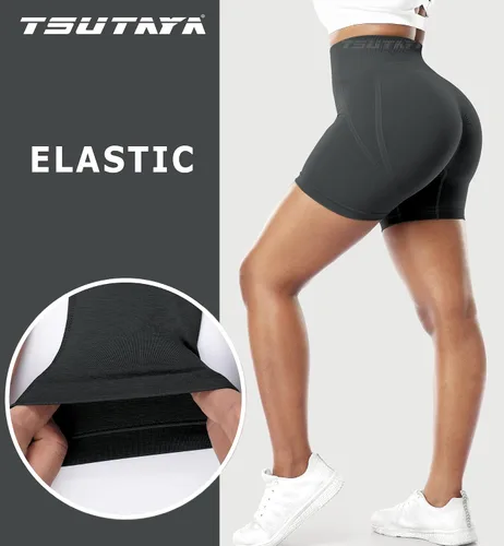 Vista 3 de TSUTAYA Pantalones cortos de entrenamiento para mujer, sin costuras, cintura alta, pantalones cortos de gimnasio para correr, ciclismo, yoga