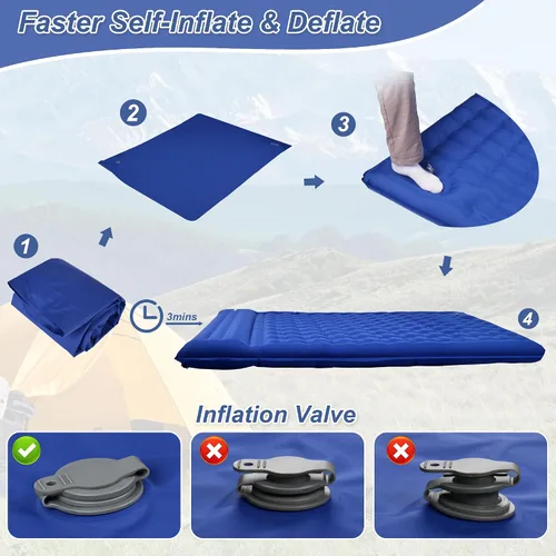 Vista 6 de KASIMO Colchoneta de dormir doble para acampar, 5 pulgadas, ultra gruesa, 4.6x6.6 ft para 2 personas con almohada incorporada, inflable
